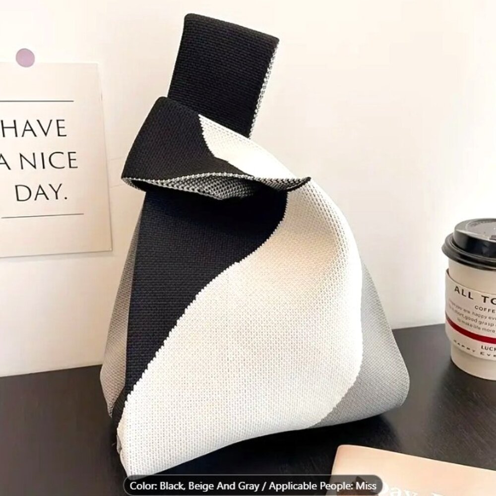 ✨NEW✨ Fashion Chic Colorblock Knit Fabric Tote Handbag - Black/Gray/Beige